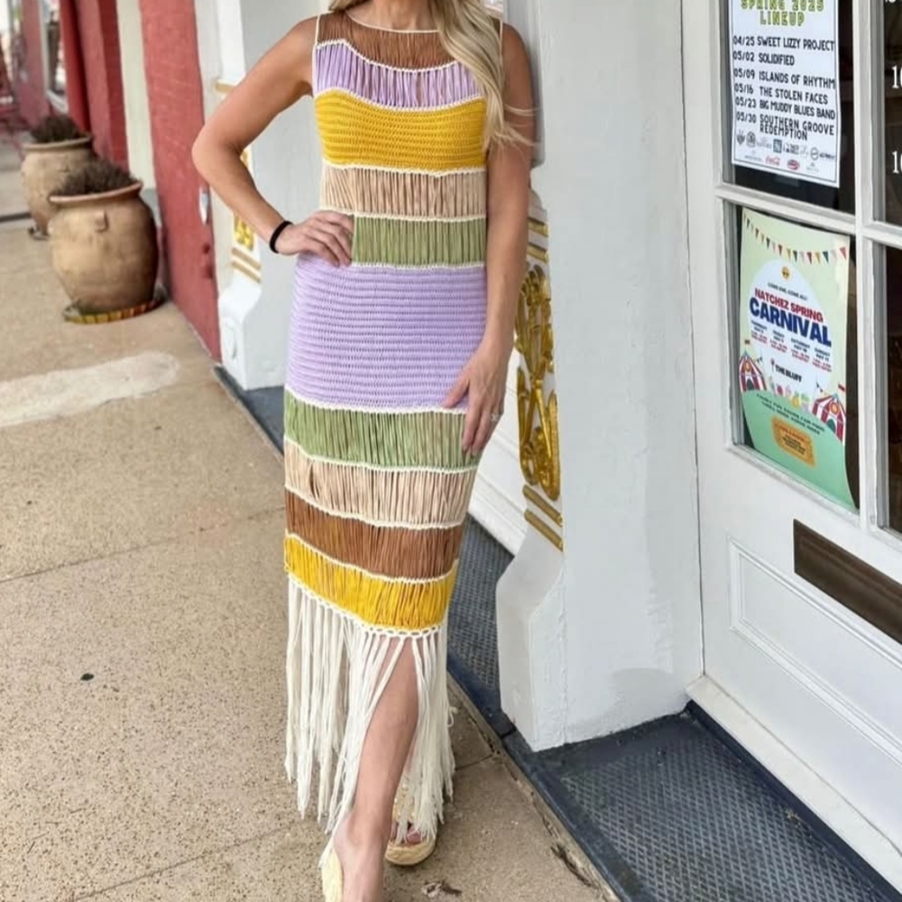 NWT Mable Crochet Knit Multicolor Striped Fringe Maxi Dress L - Picture 2 of 8